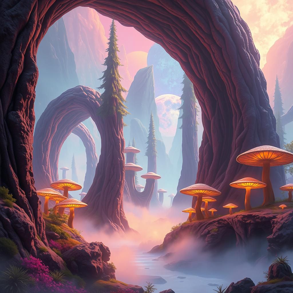 Dreamlike Fantasy Landscape with Glowing Elements