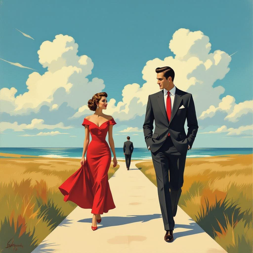 1950s Gentleman Walks to Infinity, Neo-Impressionist Style