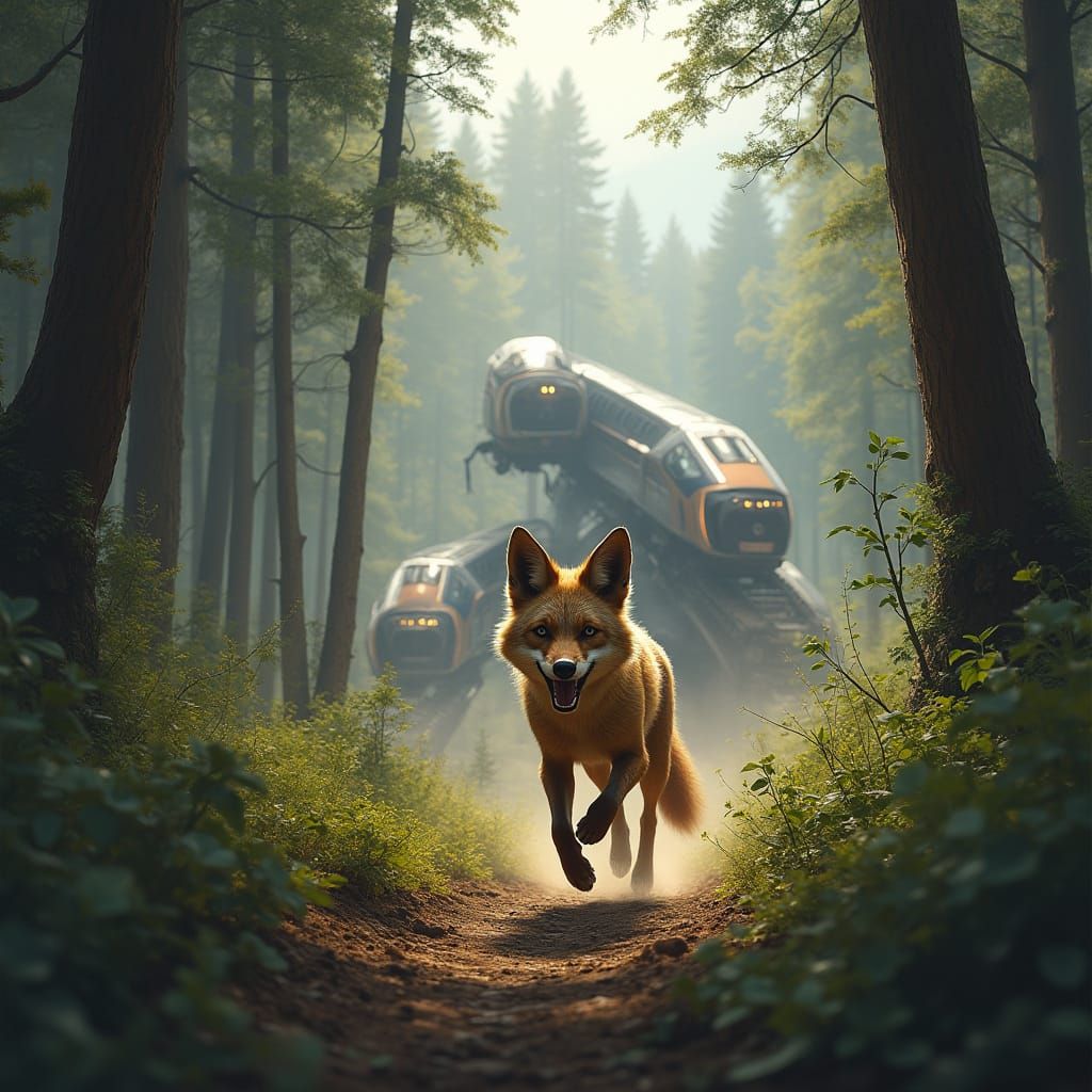 Coyote Grins in Post-Apocalyptic Forest with Train Wreckage