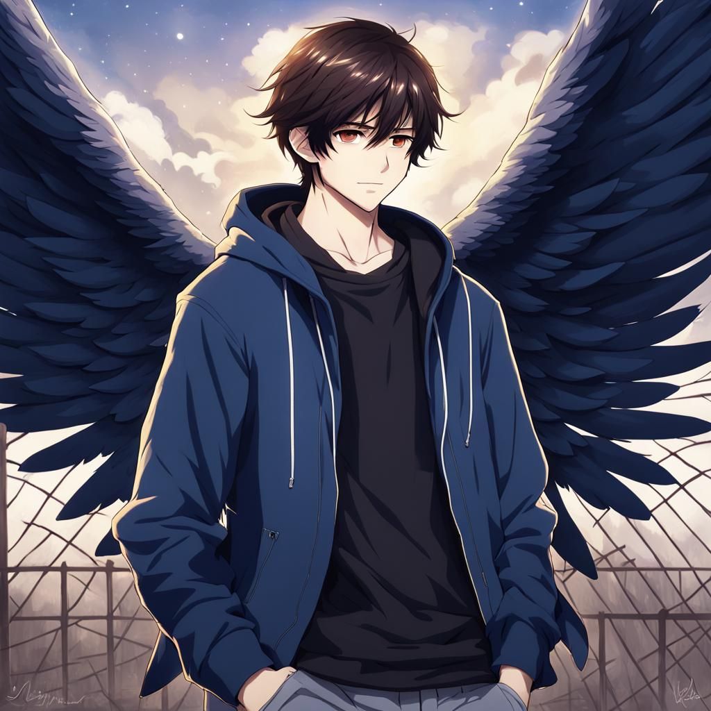 Fallen Angel with Black Wings in Anime Style