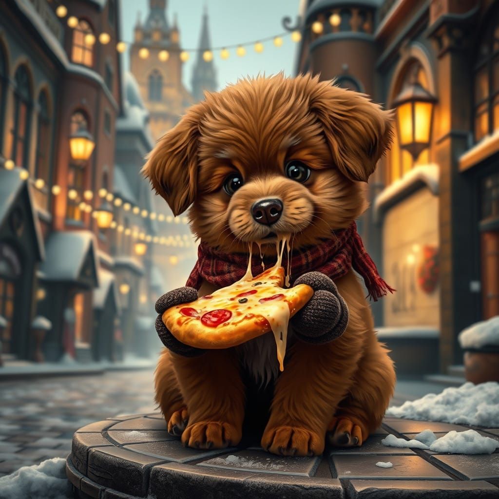 Whimsical Fantasy Pizza Scene with Adorable Brown Puppy