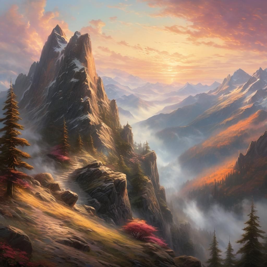 Mountain Peak Sunset in Kinkade Style