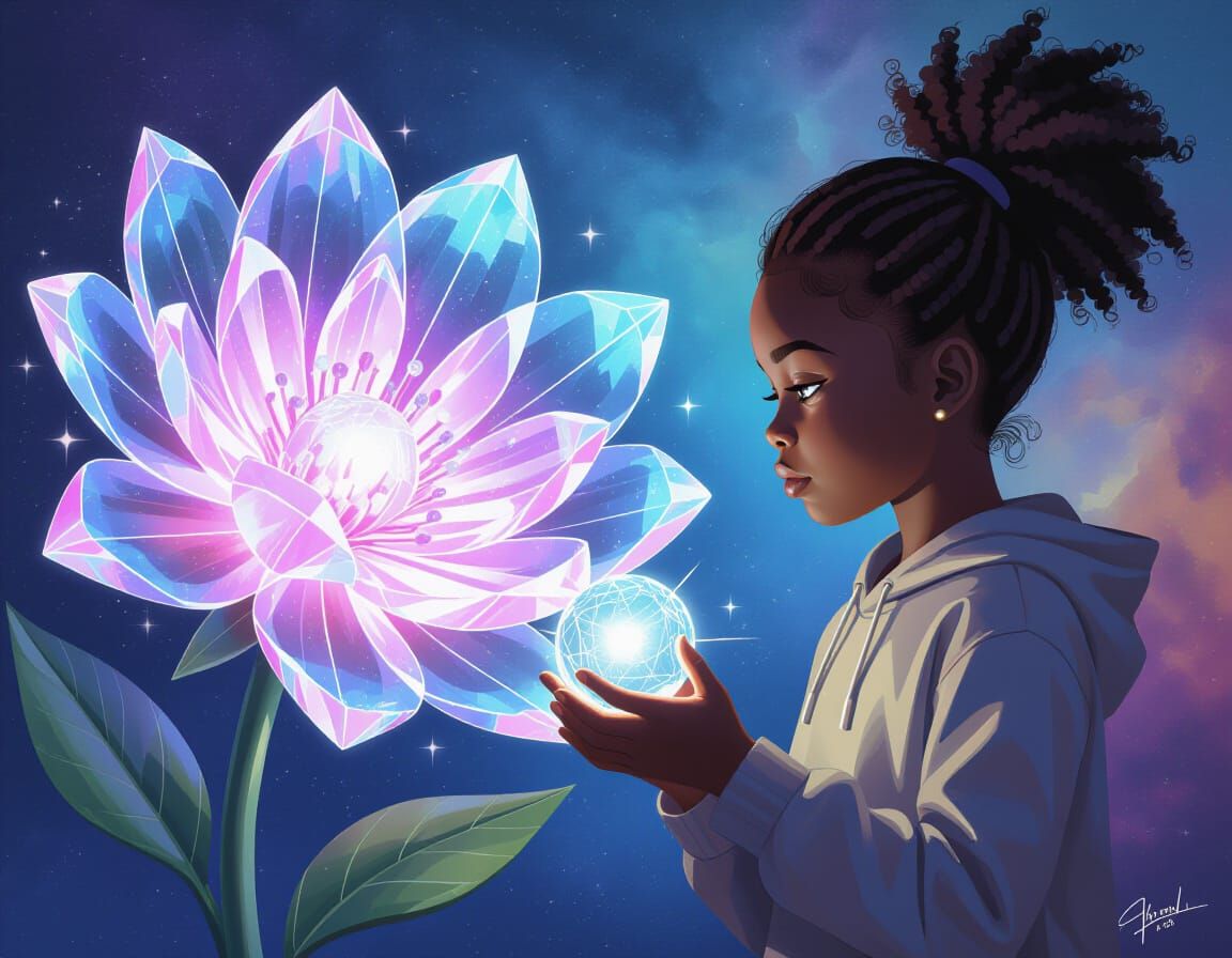 Girl Channels Energy to Crystalline Flower in Sci-Fi Art Sty...