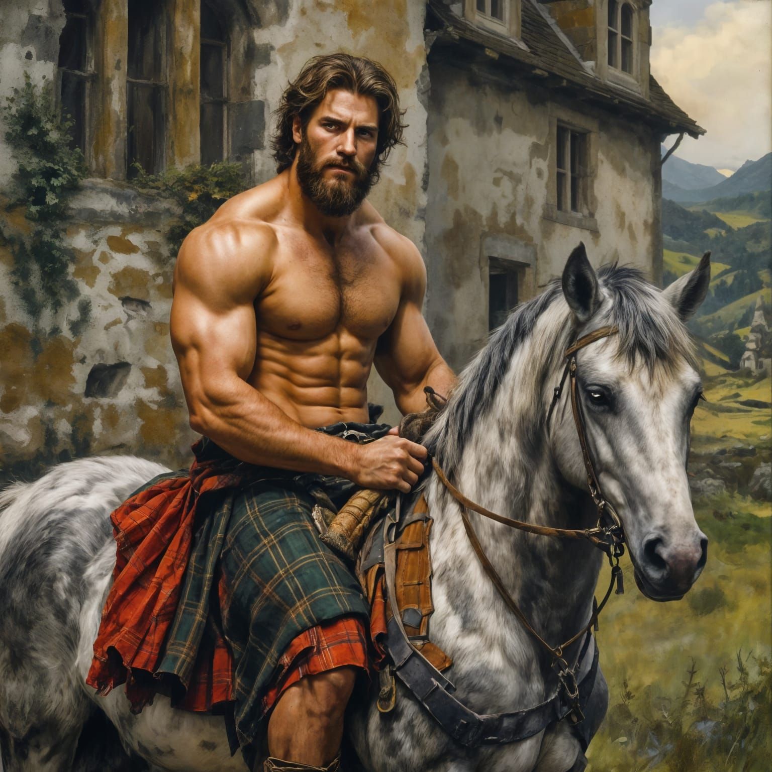Muscular Highlander Rides a Grey Horse in the Scottish Highl...