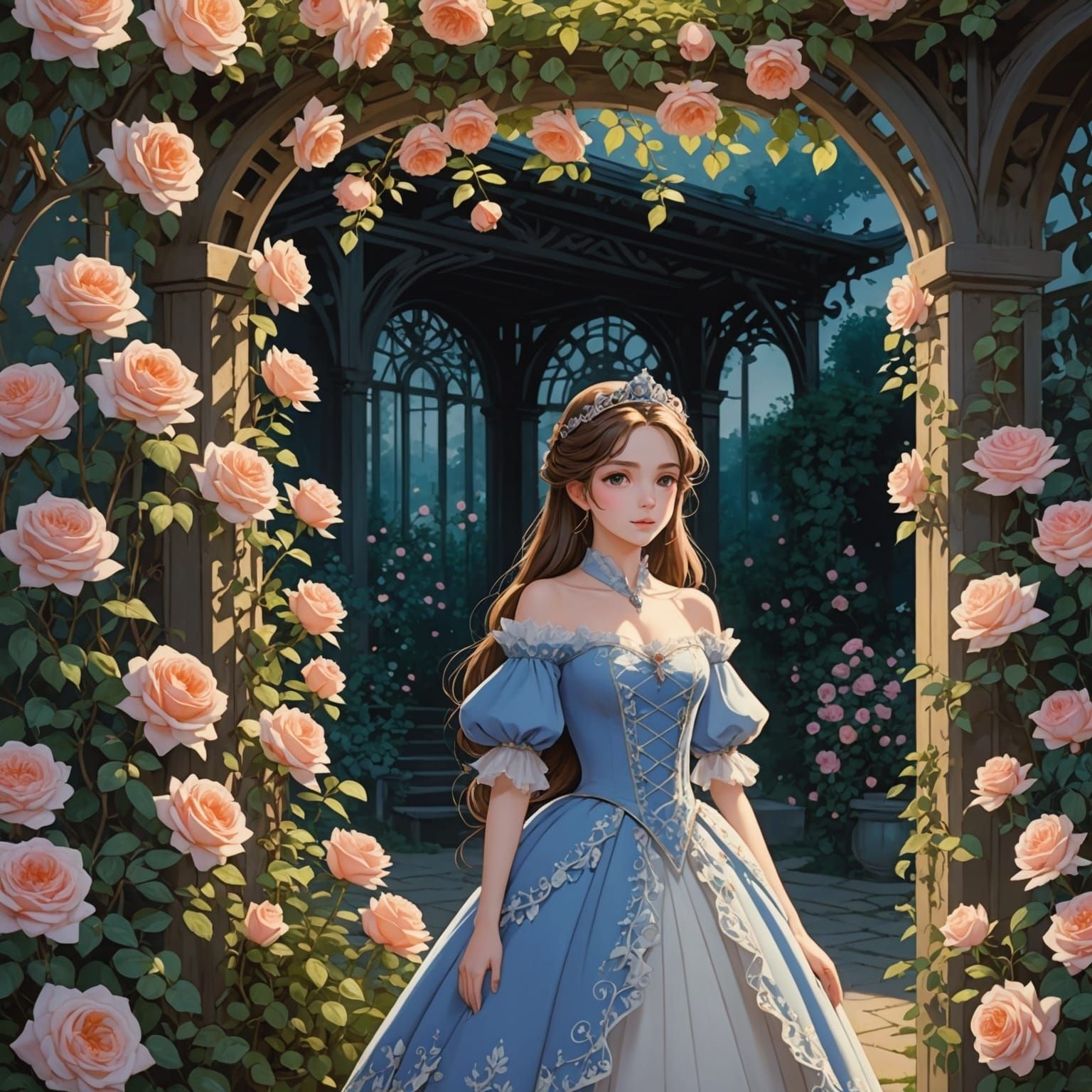 Anime Princess Hidden in Rose Arbor Shadows