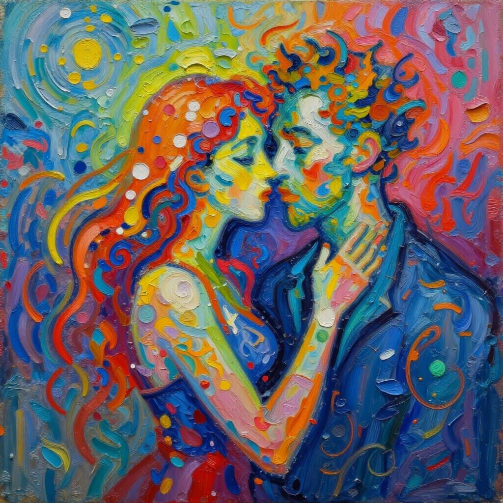 Vibrant Impasto Oil Painting of Abstract Love