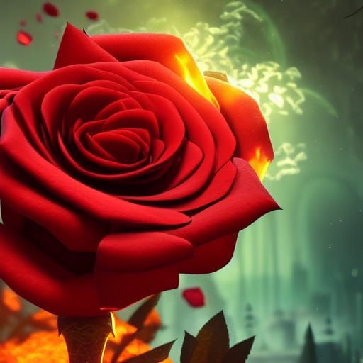 Fiery Red Rose with Green Thorns: Fantasy Concept Art