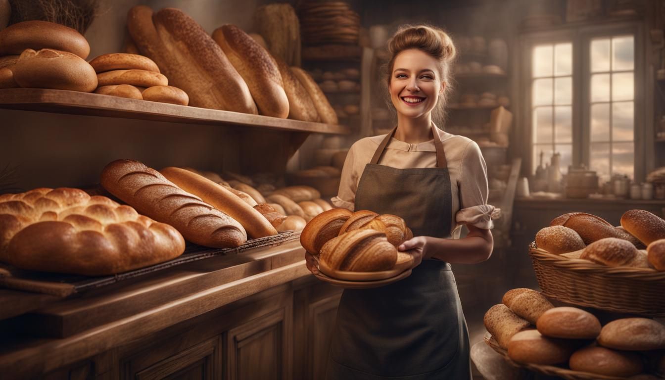 Happy Baker Displays Bread in Quaint Shop
