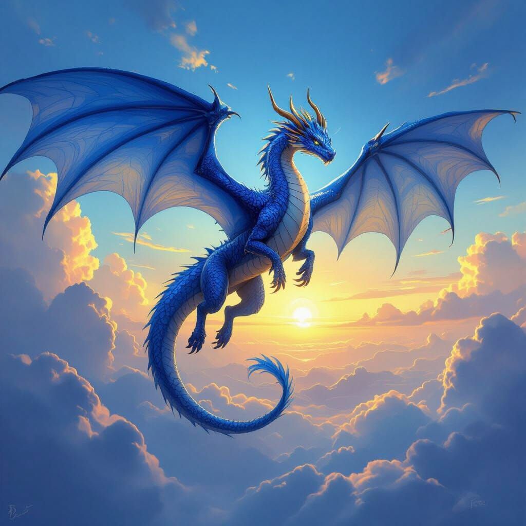 Majestic Sapphire Dragon Soars in Golden Hour Sky