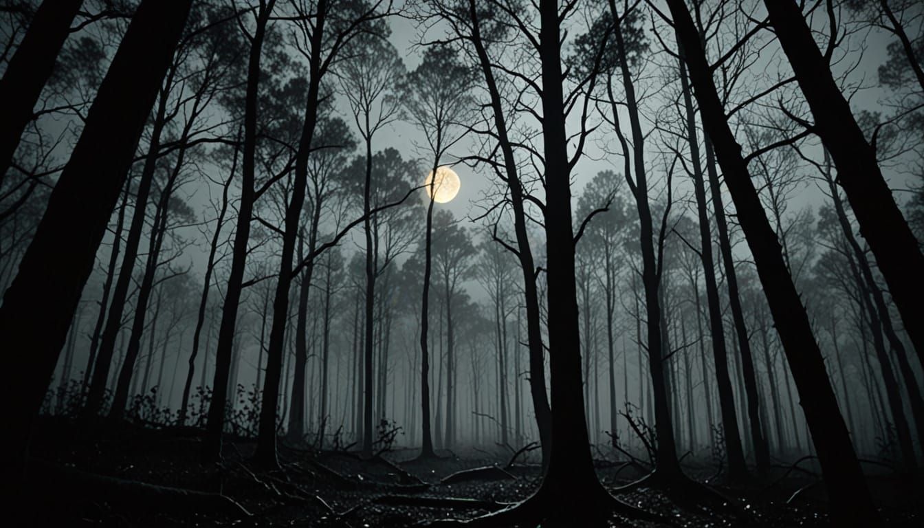 Noir Forest Scene Under Golden Moonlight