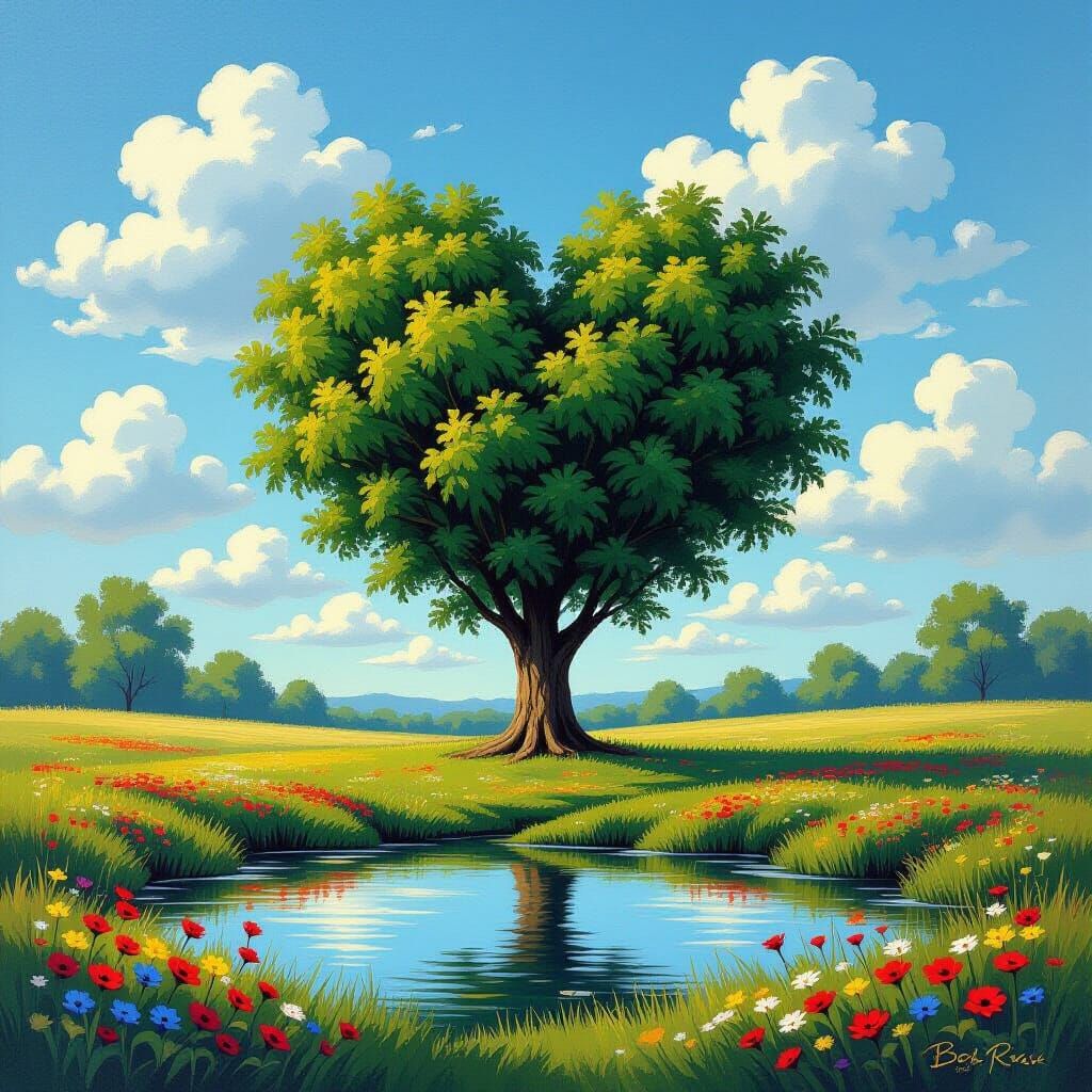 Heart Tree in Serene Pasture, Oil Painting Style