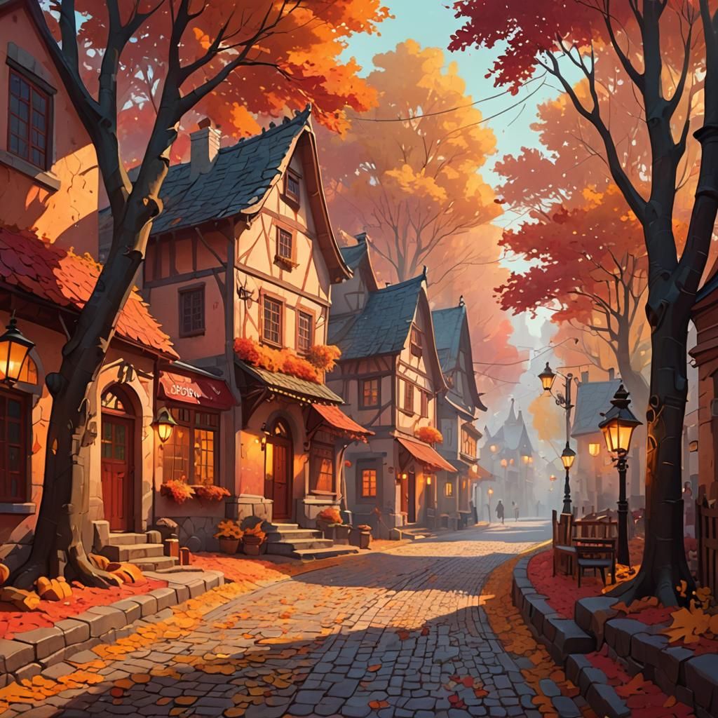 Autumn Fairy-Tale Town Street in 3D Anime Art