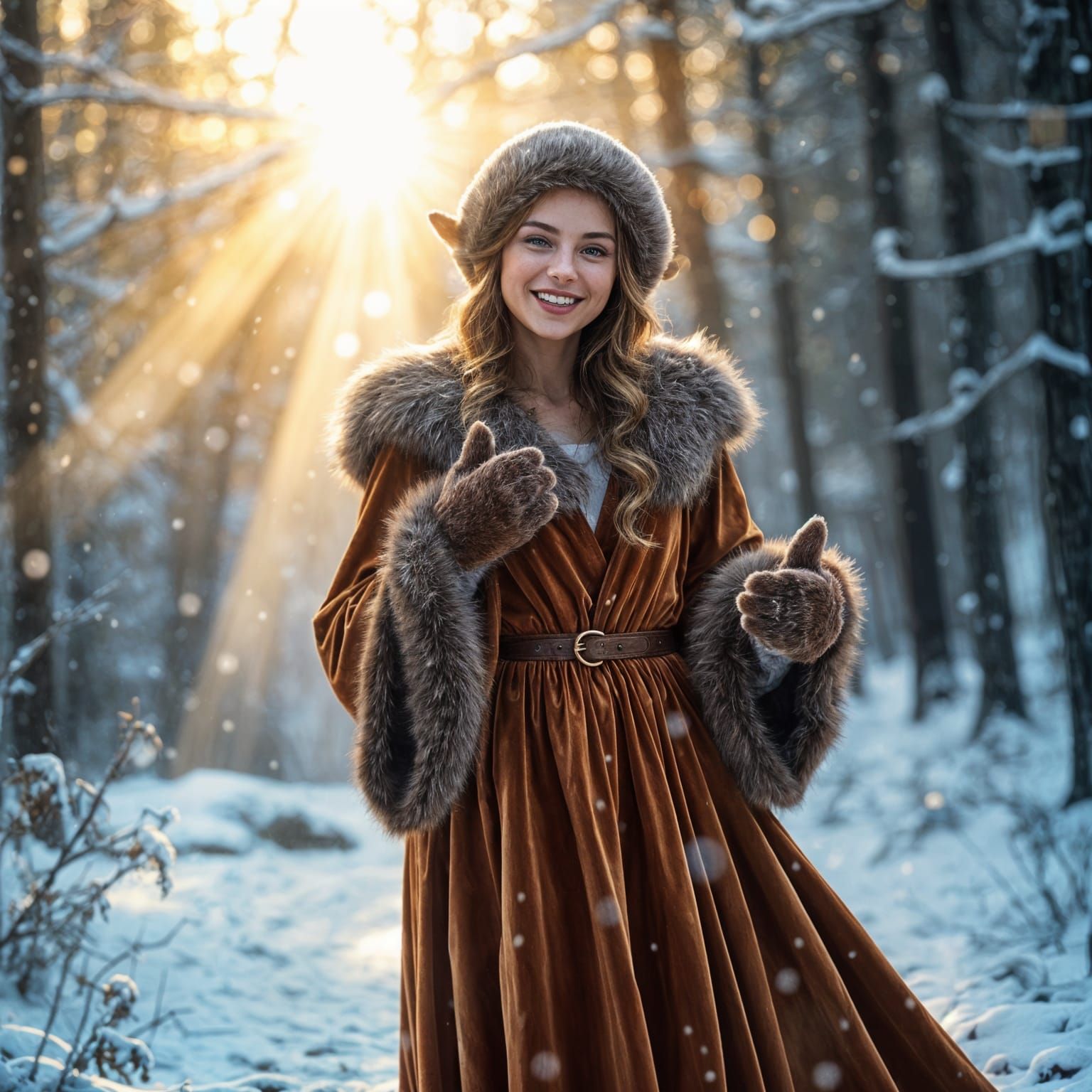 Beautiful Elf Woman in Velvet Dress with Snow and Sun Rays