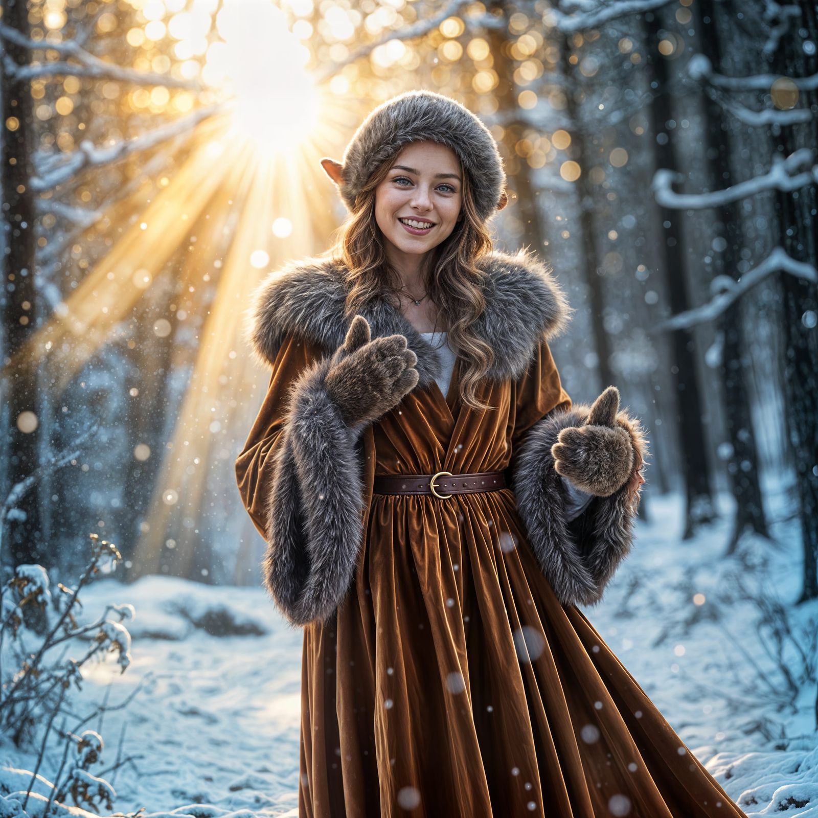 Beautiful Elf Woman Smiling in Snowy Sunlight
