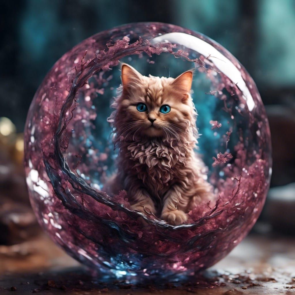 Crystal Cat in Glass Ball, Digital Art