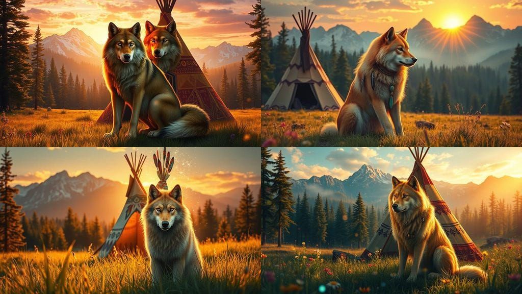 Golden Wolf in Vibrant Native American Fantasy Landscape