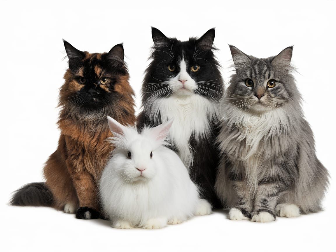 Three Longhaired Cats and a White Angora Rabbit