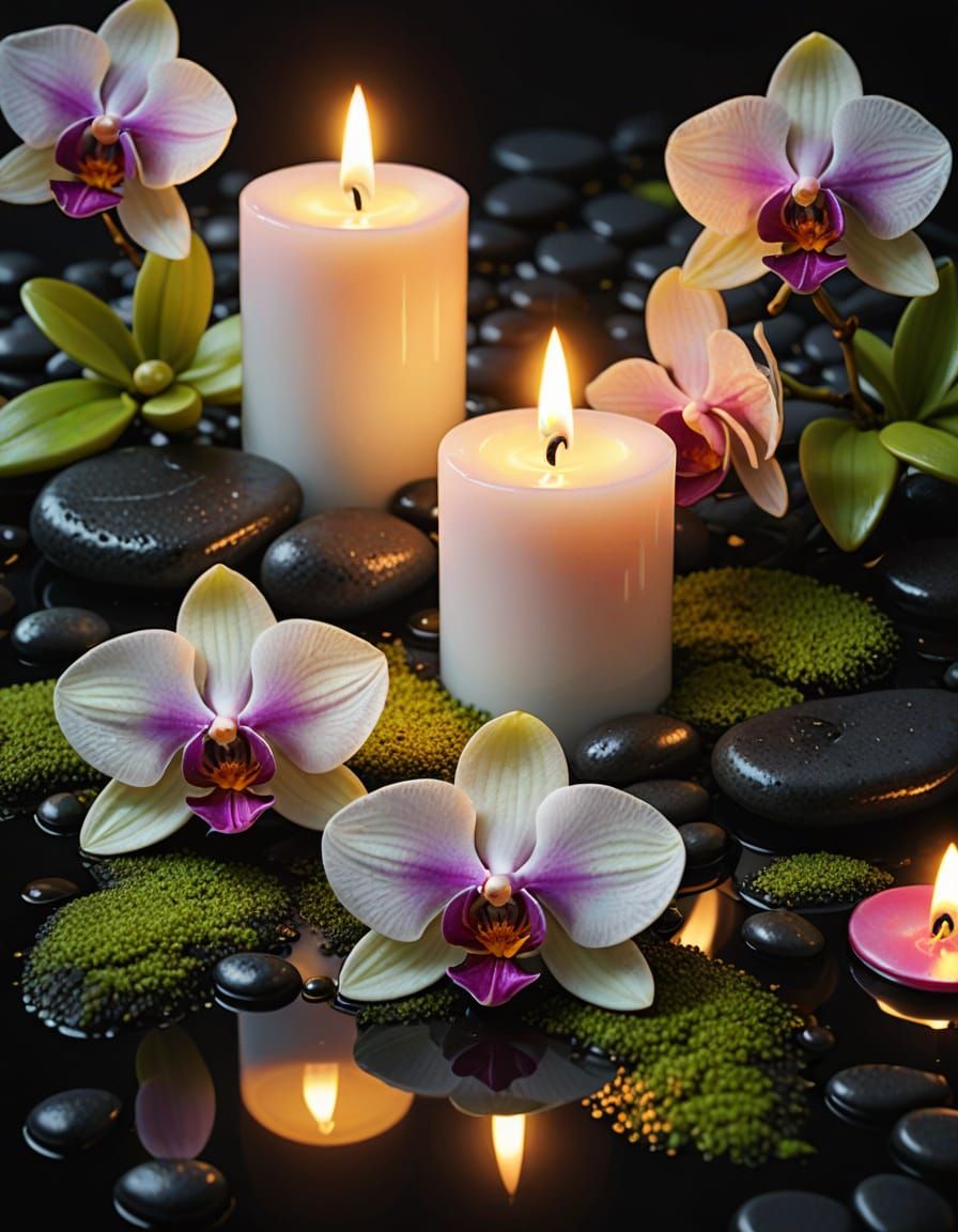 Surreal Still Life of Candles and Orchids in Warm Golden Lig...
