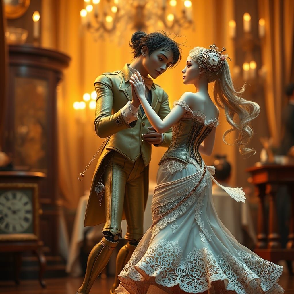 Clockwork Couple Dancing in a Steampunk Ballroom