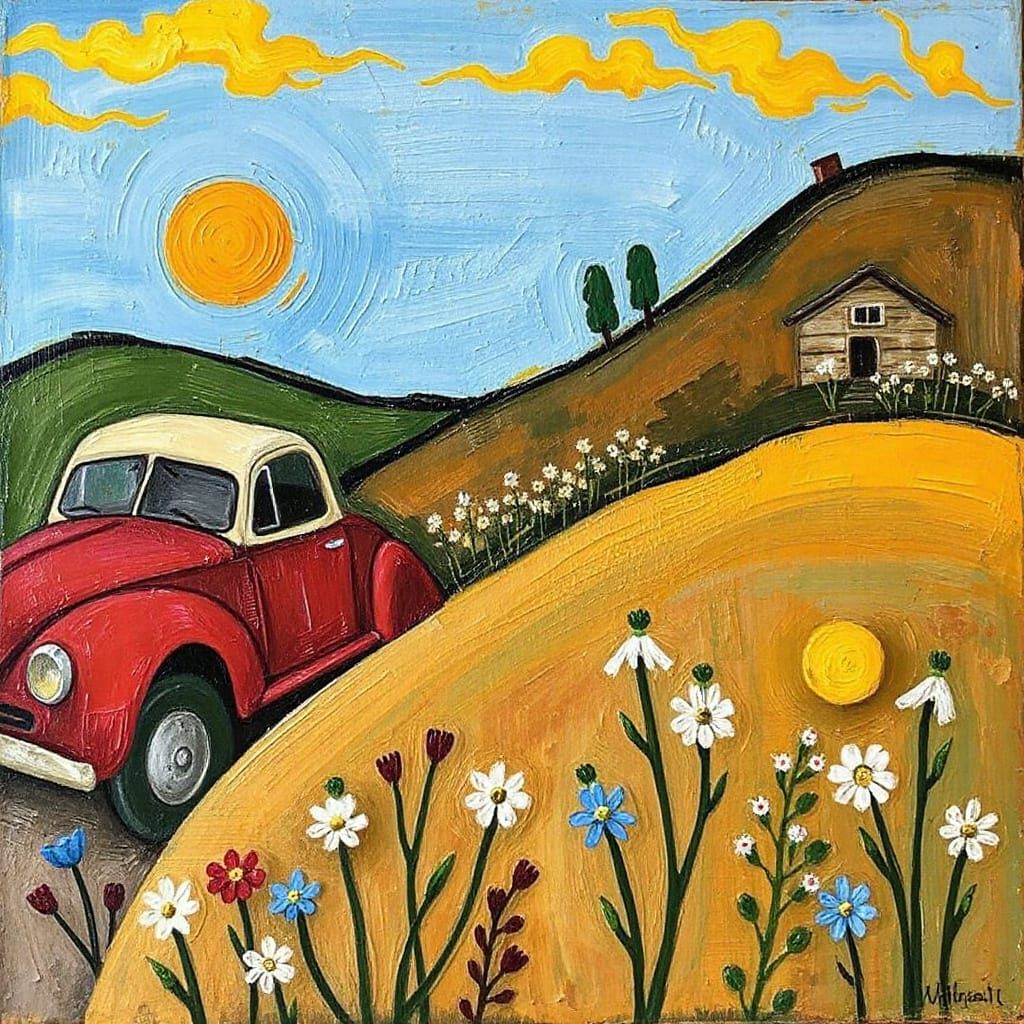 Whimsical American Folk Art Landscape with Rolling Hills and...