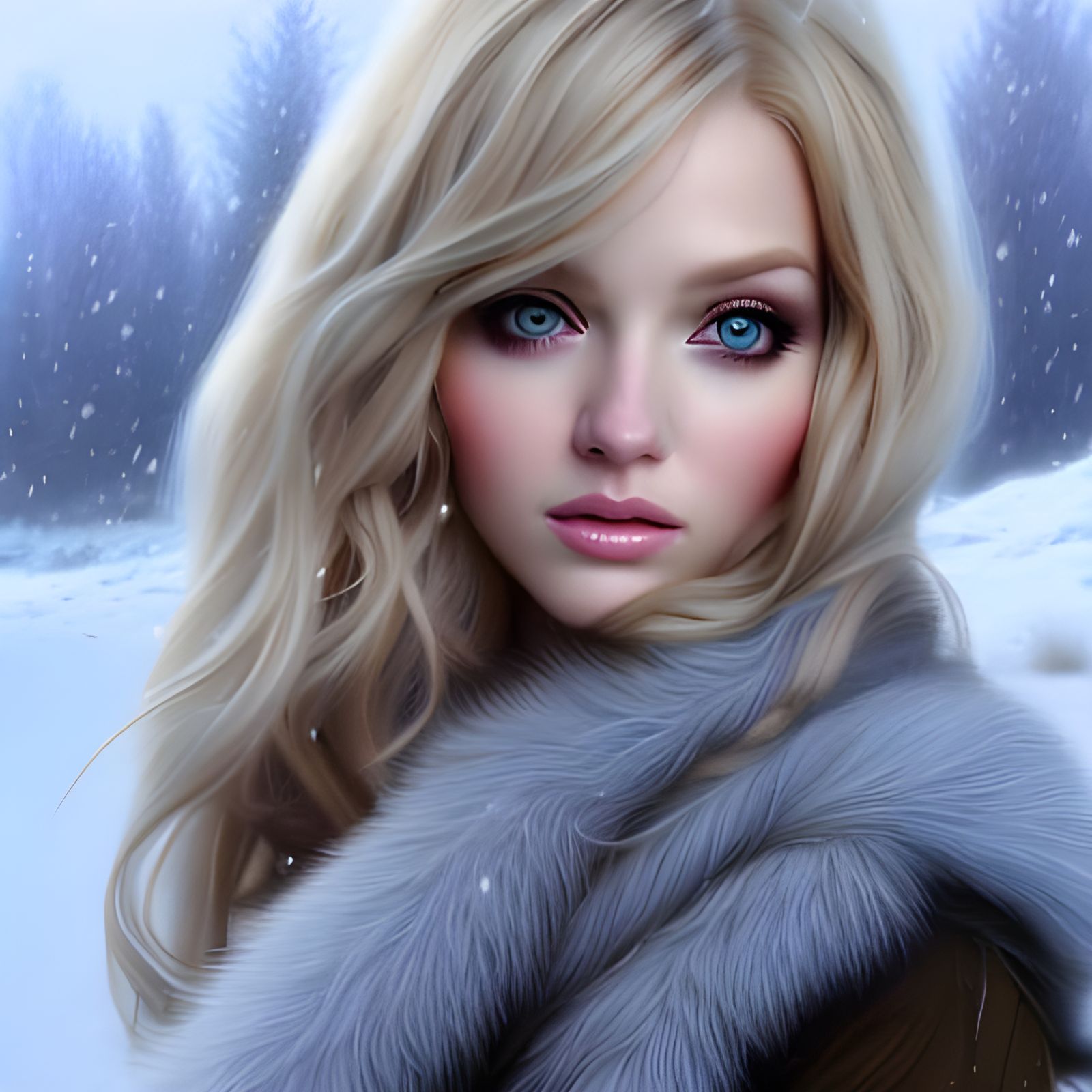 Hyperrealistic Portrait of a Blonde Woman in Snow