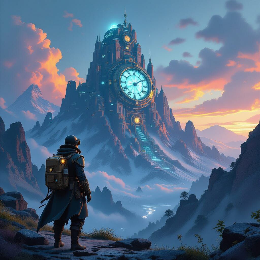 Explorer on Clockwork Mountain with Bioluminescent Flora
