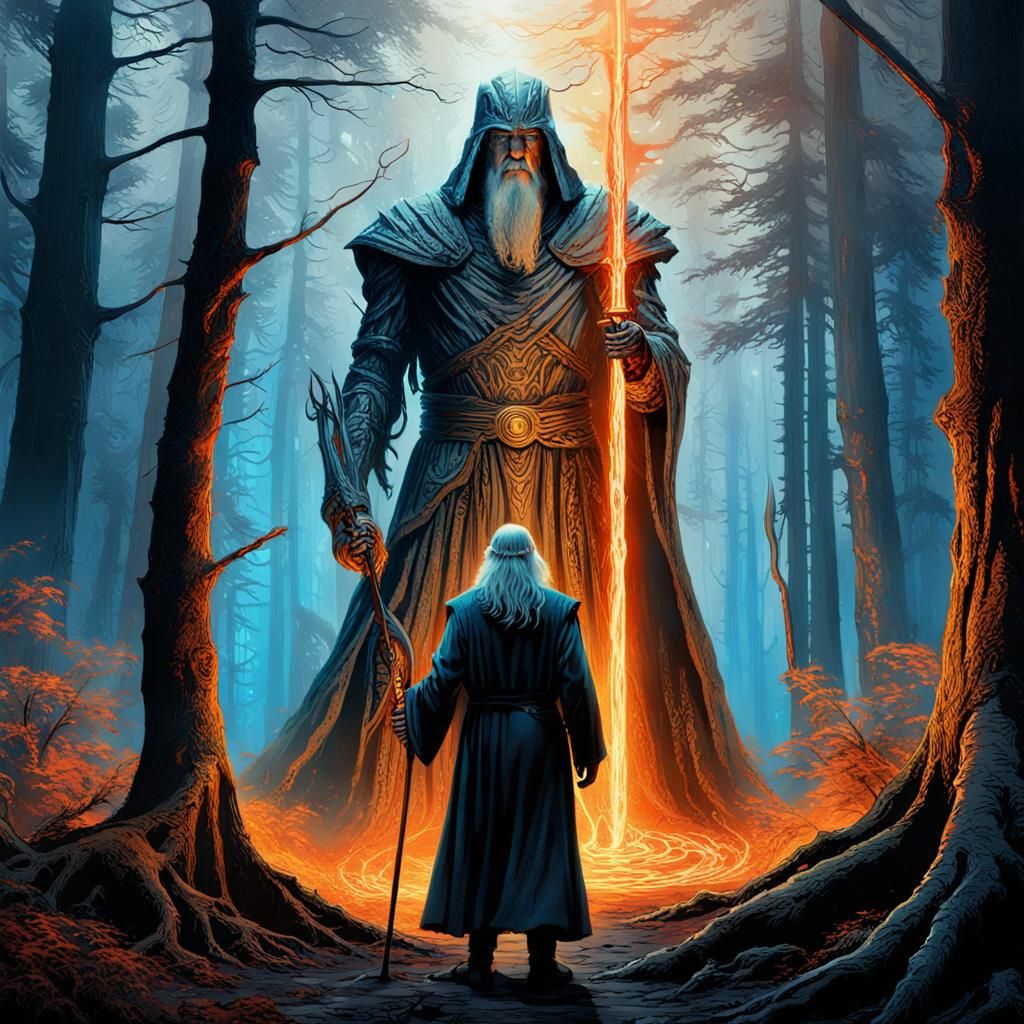 Wizard Confronts Cyborg: Fantasy Concept Art