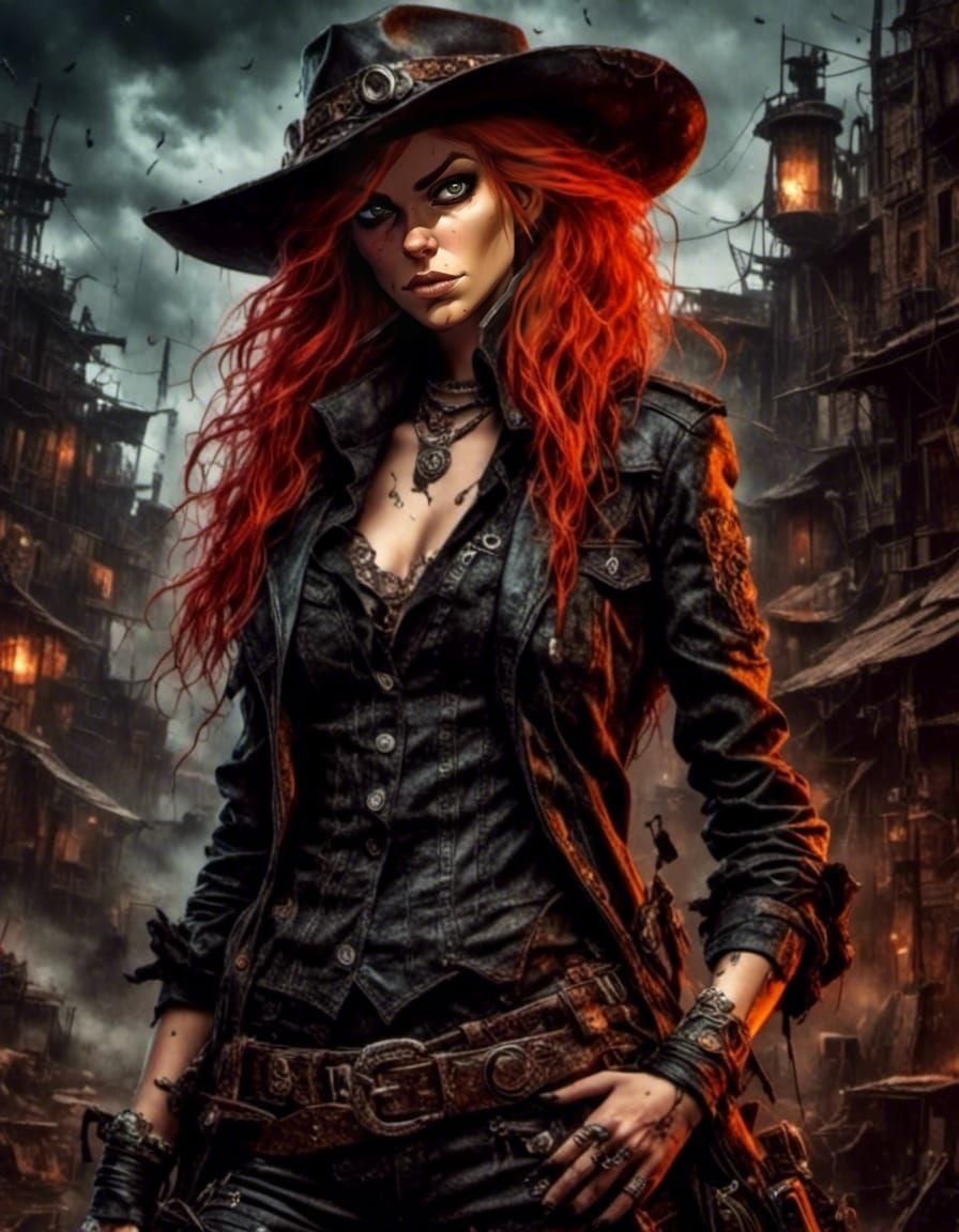 Gritty Redhead Gunslinger in Dark Cartoon Fantasy Style