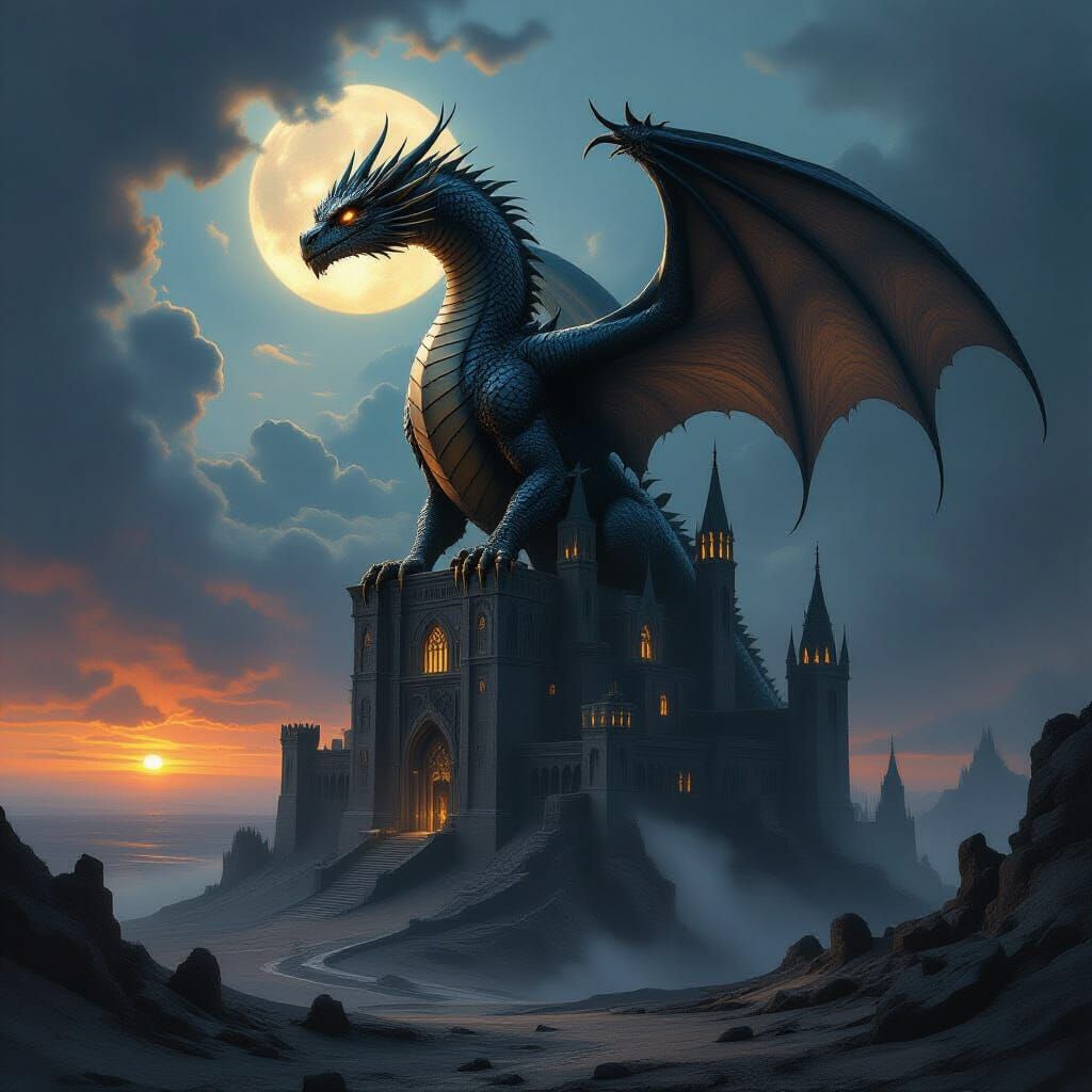Ancient Obsidian Dragon on Gothic Citadel in Twilight