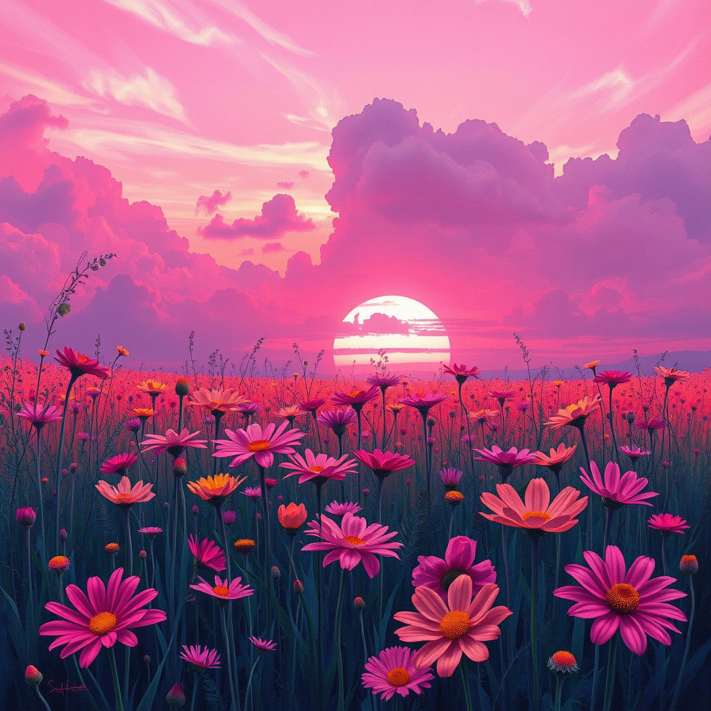 Polychromatic Flower Field Sunset in Graffiti Art Style