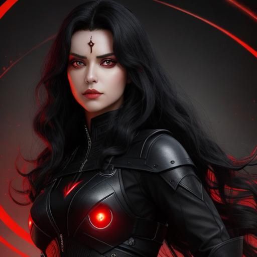 Powerful Girl with Red Eyes and Black Hair