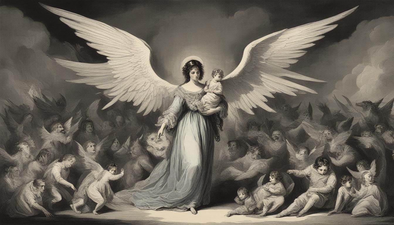 A woman with angelic fragile wings and a dreamy beautiful dress holds a baby ... by the style of Goya