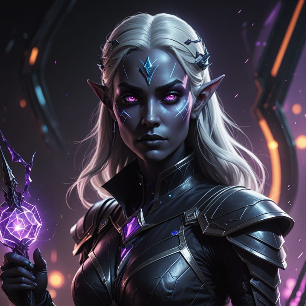 Drow Sorceress with Magic Staff in Comic Book Style