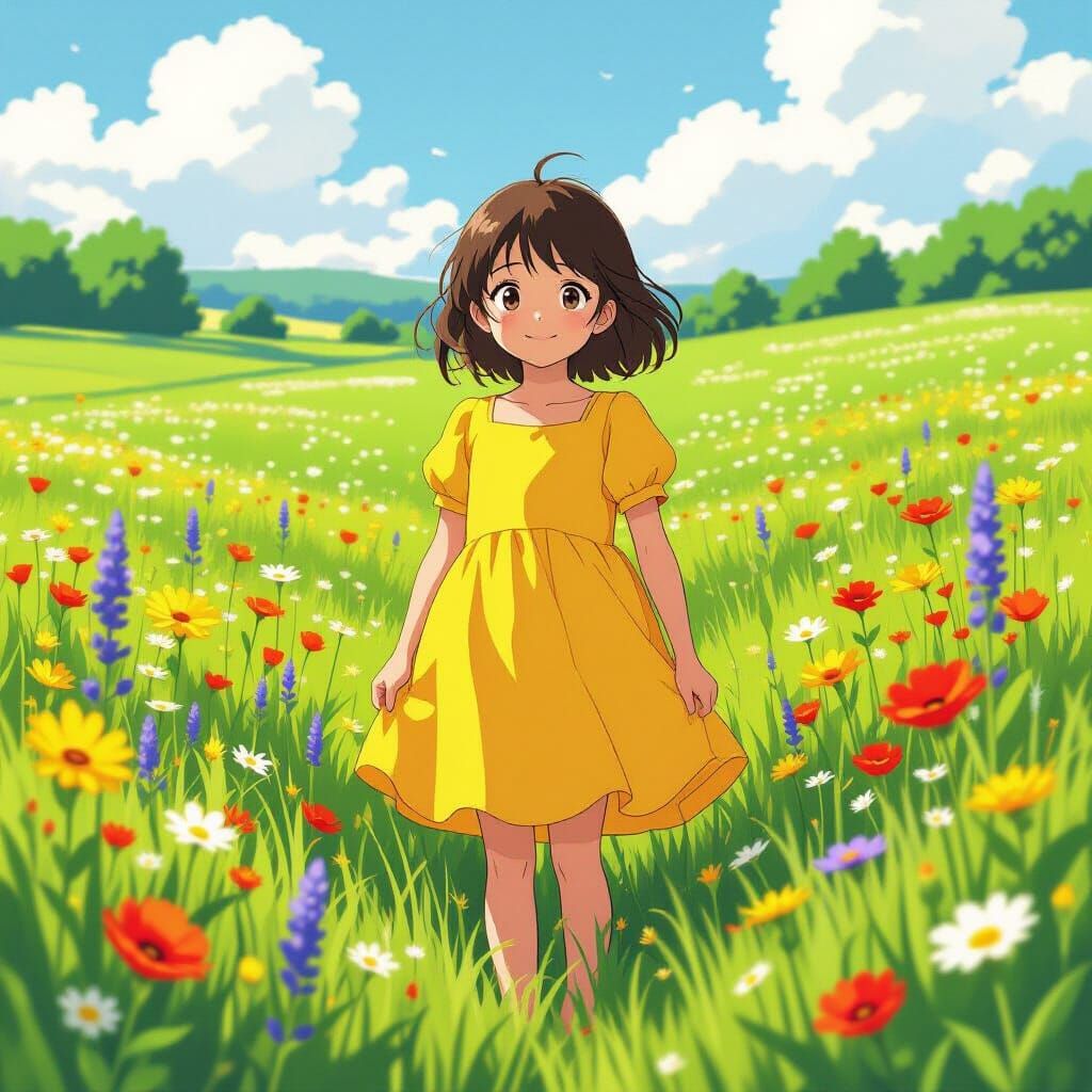 Lush Meadow Girl in Vibrant Wildflowers