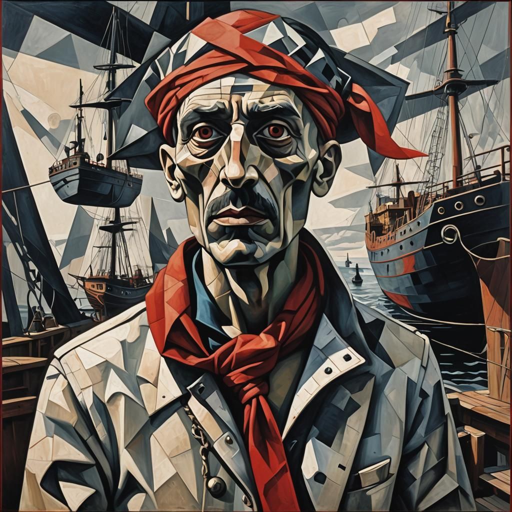Cubist Pirate with Red Scarf on Ship Deck