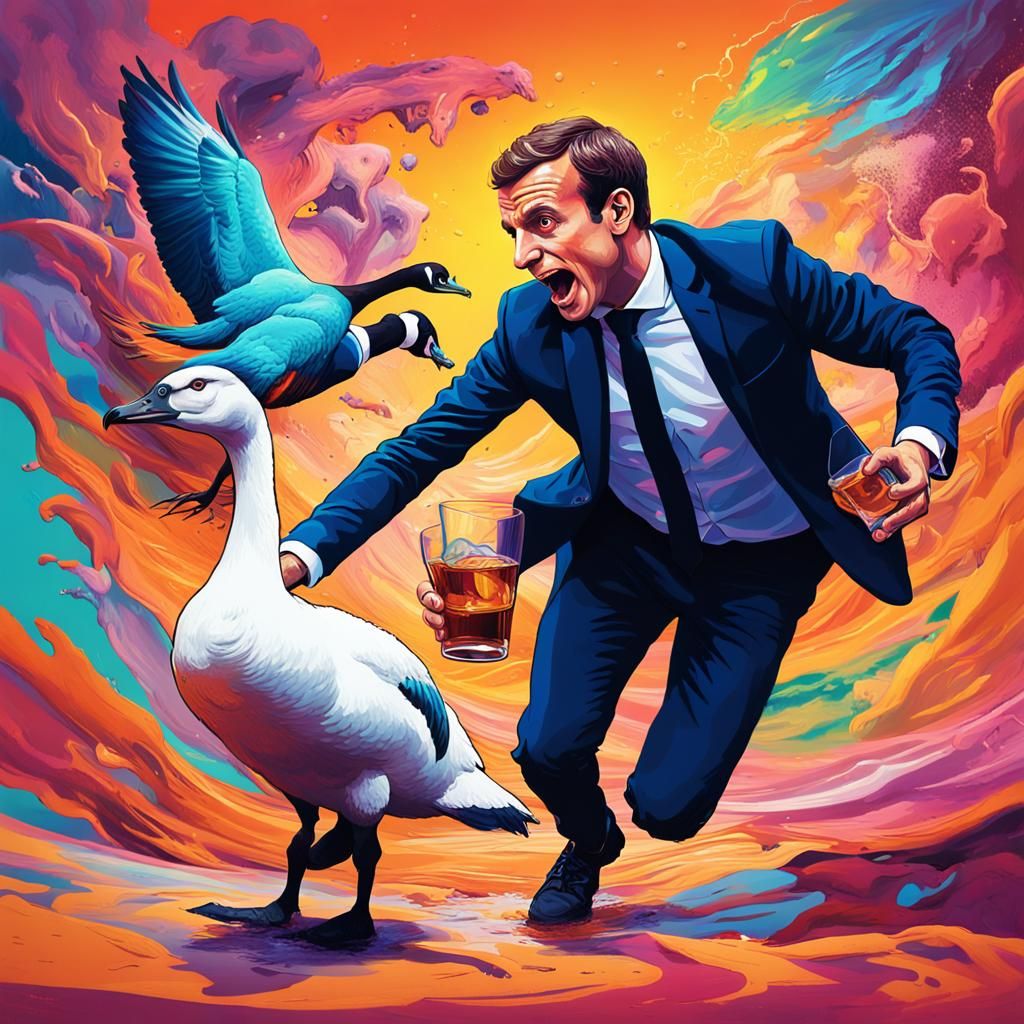 Macron Chasing Whisky Goose in Psychedelic Art