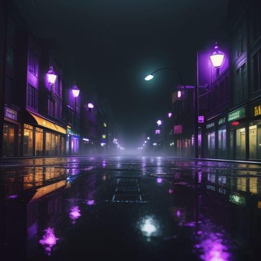Peaceful Rainy City Night with Purple Hues and Glowing Stars