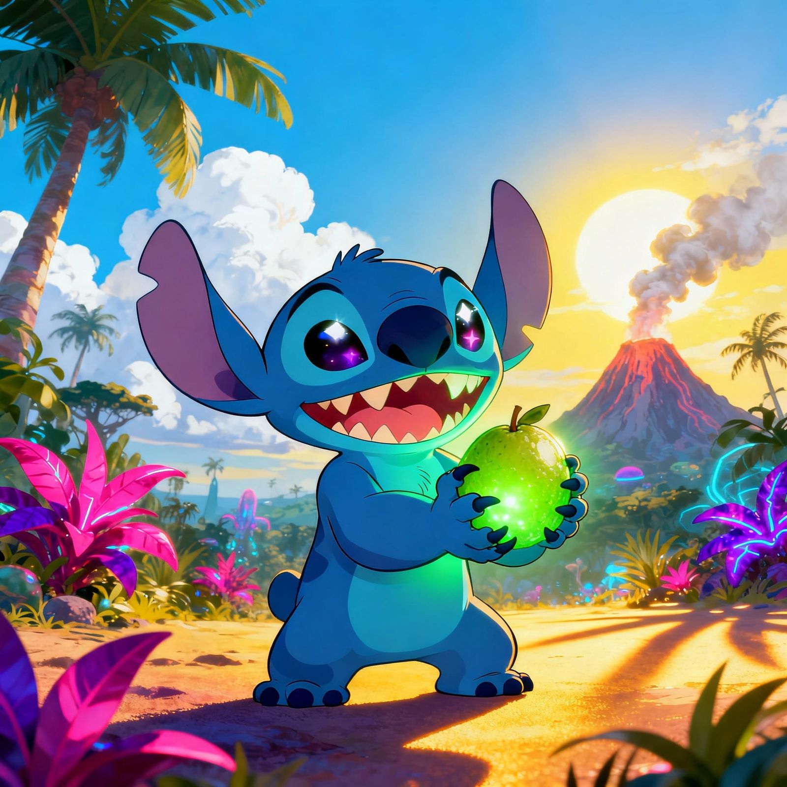 Stitch in Playful Cartoon Style on Tropical Planet
