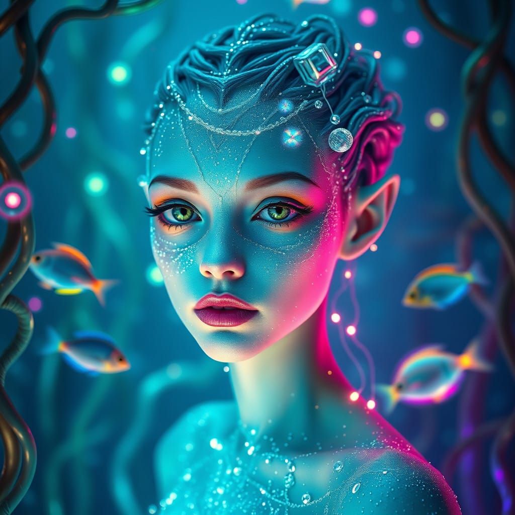 Cosmic Underwater Goddess with Turquoise Eyes and Iridescent...