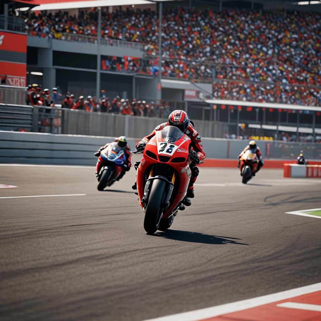 Red Carrera Motorcycle Races Past MotoGP Boxes