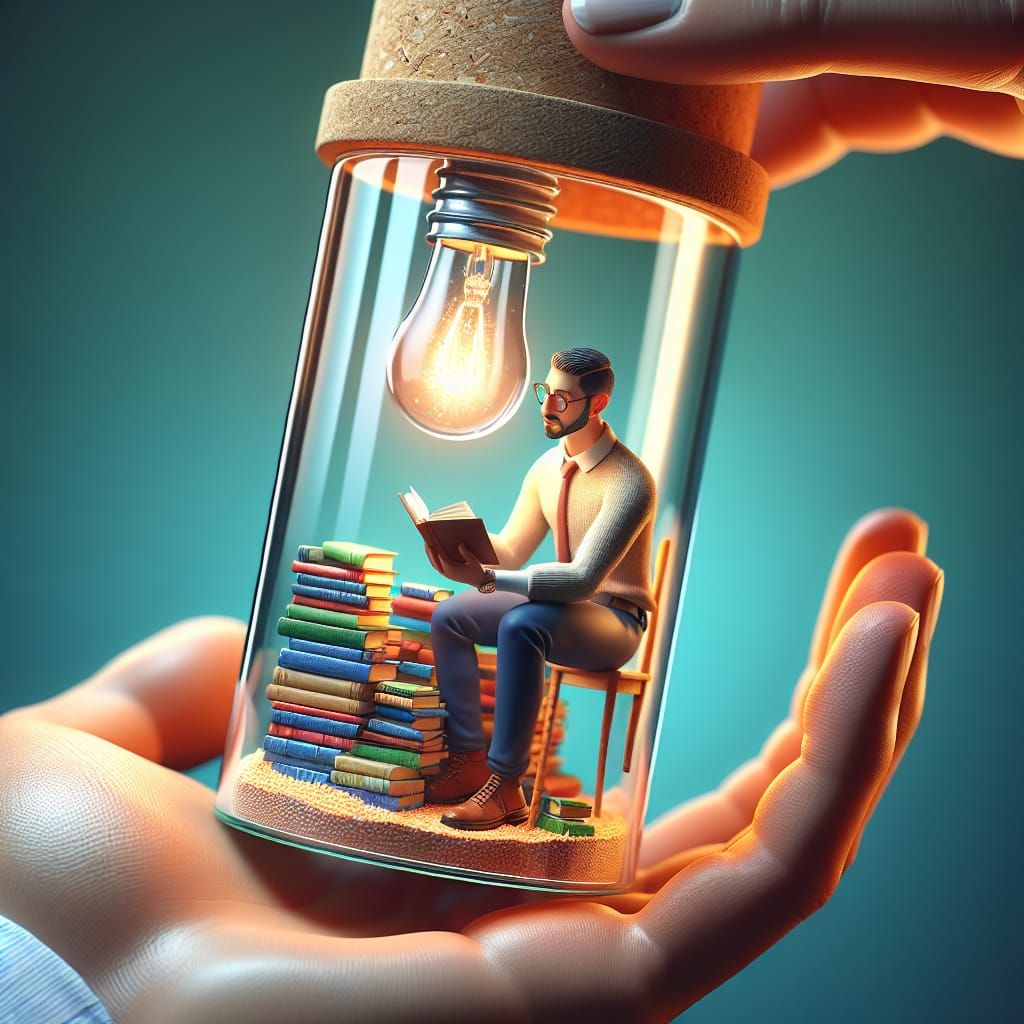 Man Reading in Glass Tube: 3D Rendered Miniature