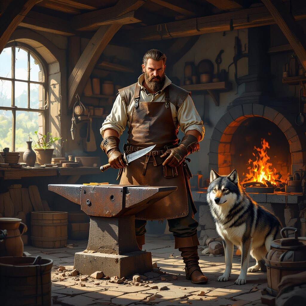 Medieval Blacksmith and Wolf in Sunny Workshop