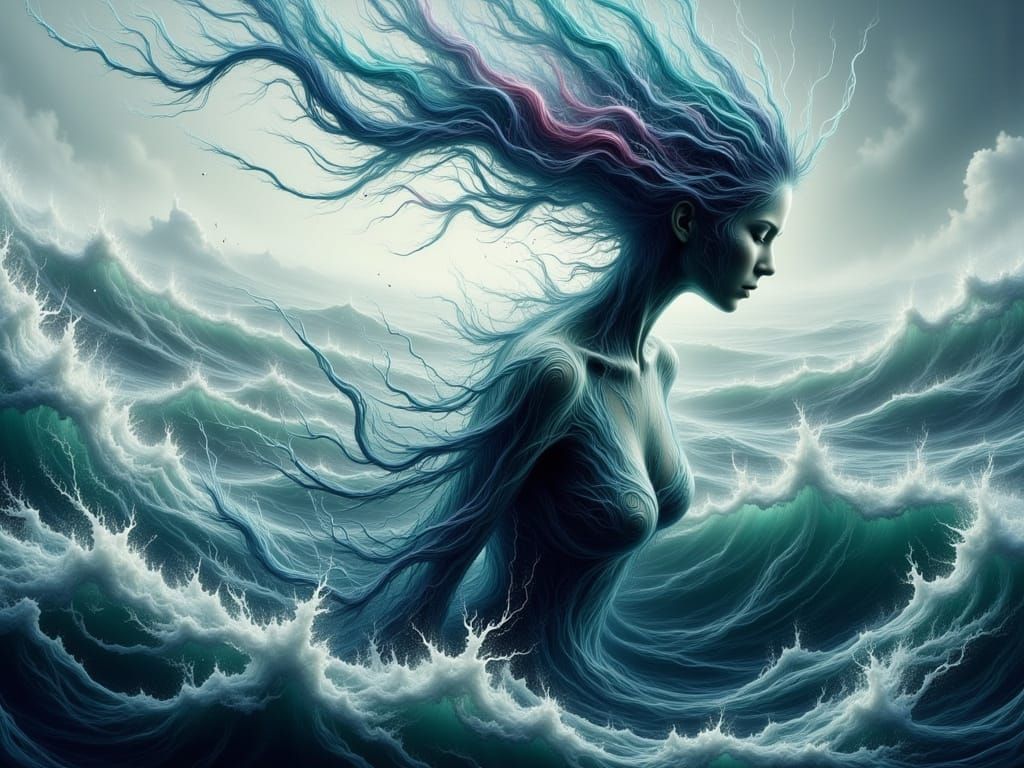 Ocean Woman in Flowing Dress: Surreal Art