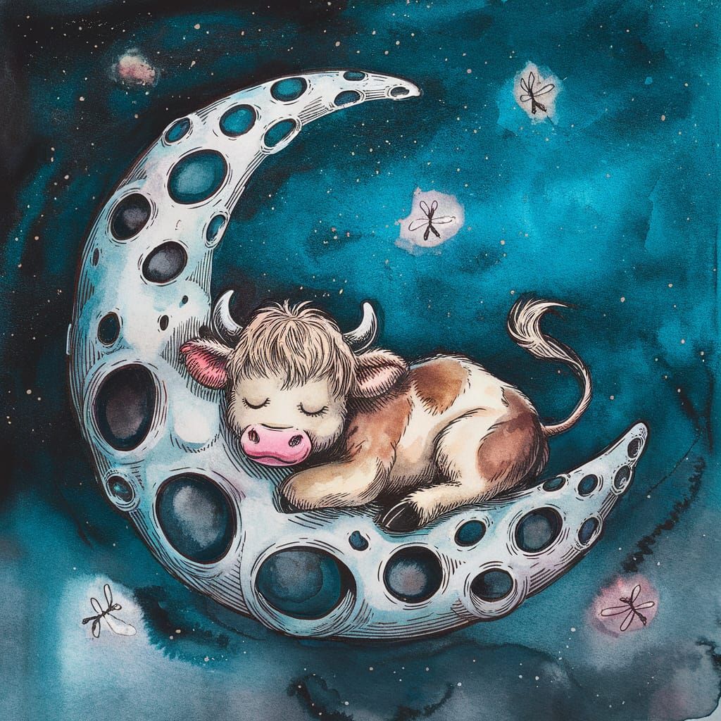 cute baby Highland cow sleeping on a curved moon