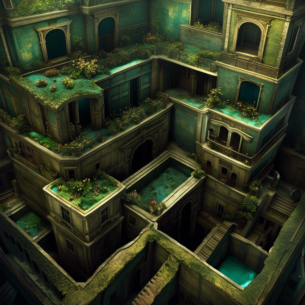 Surreal Horror Cityscape Optical Illusion in Floral Colors