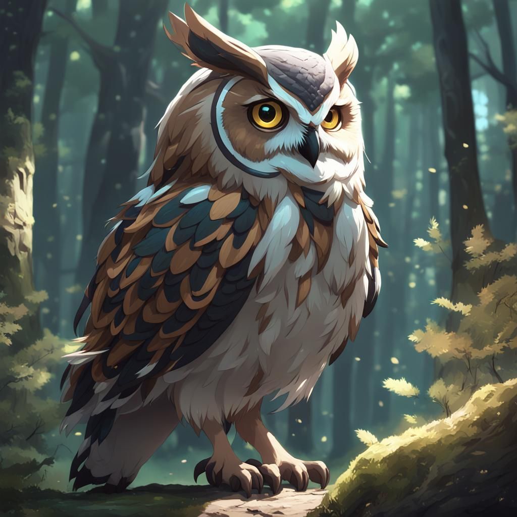 Anime Owl Girl in Enchanted Forest, 3D Render