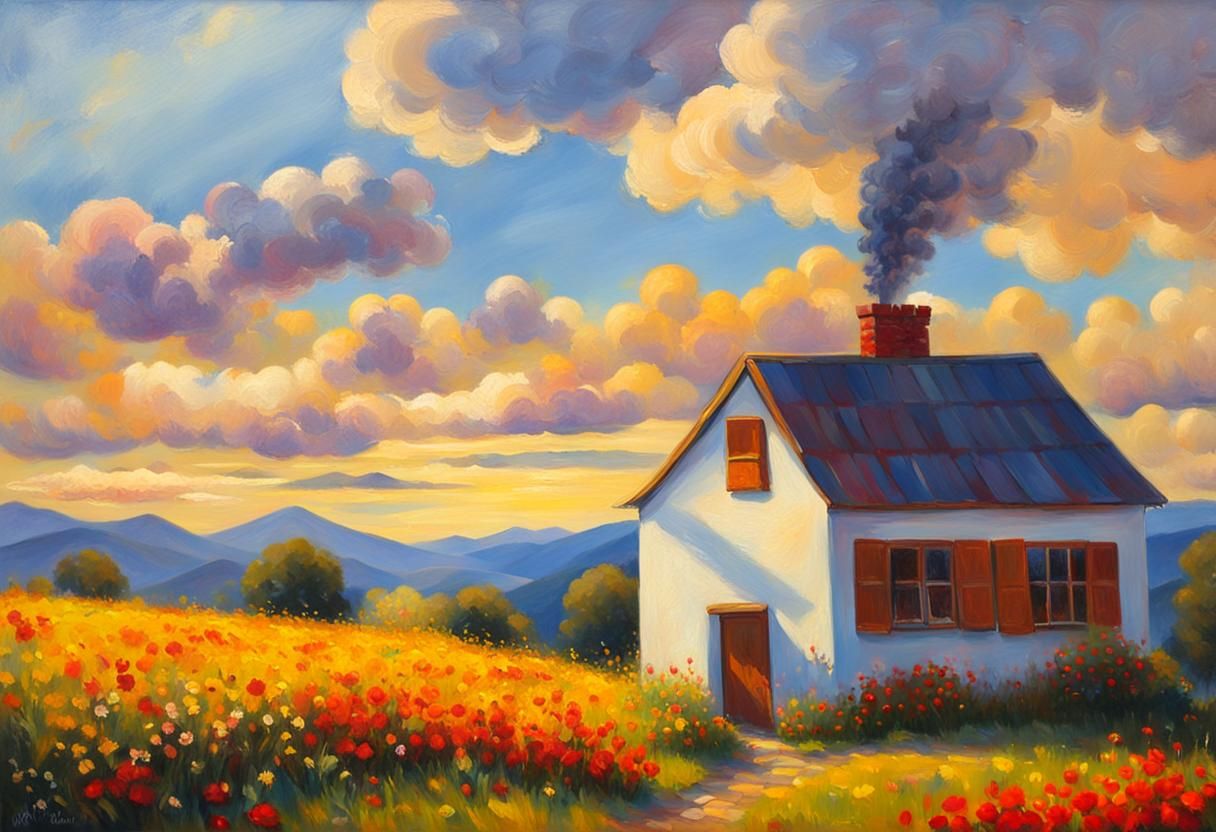 Idyllic House in Flower Field: Oil Painting