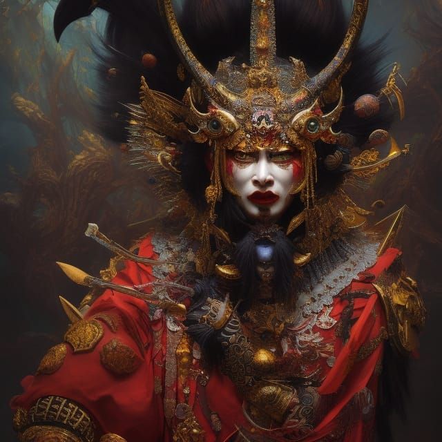 Psychotic Oni in Kabuki Costume, Hyperrealistic Portrait