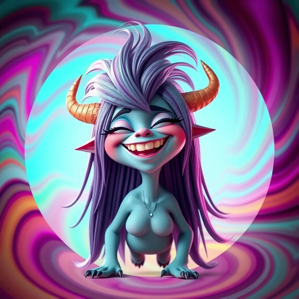 Adorable 3D Cartoon Monster with Wild Hair and Horns