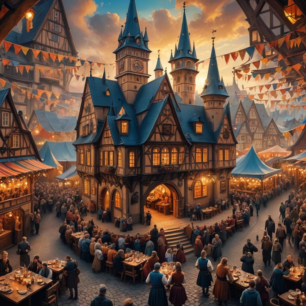Oktoberfest in Fantastical German Town: Vibrant Oil Painting